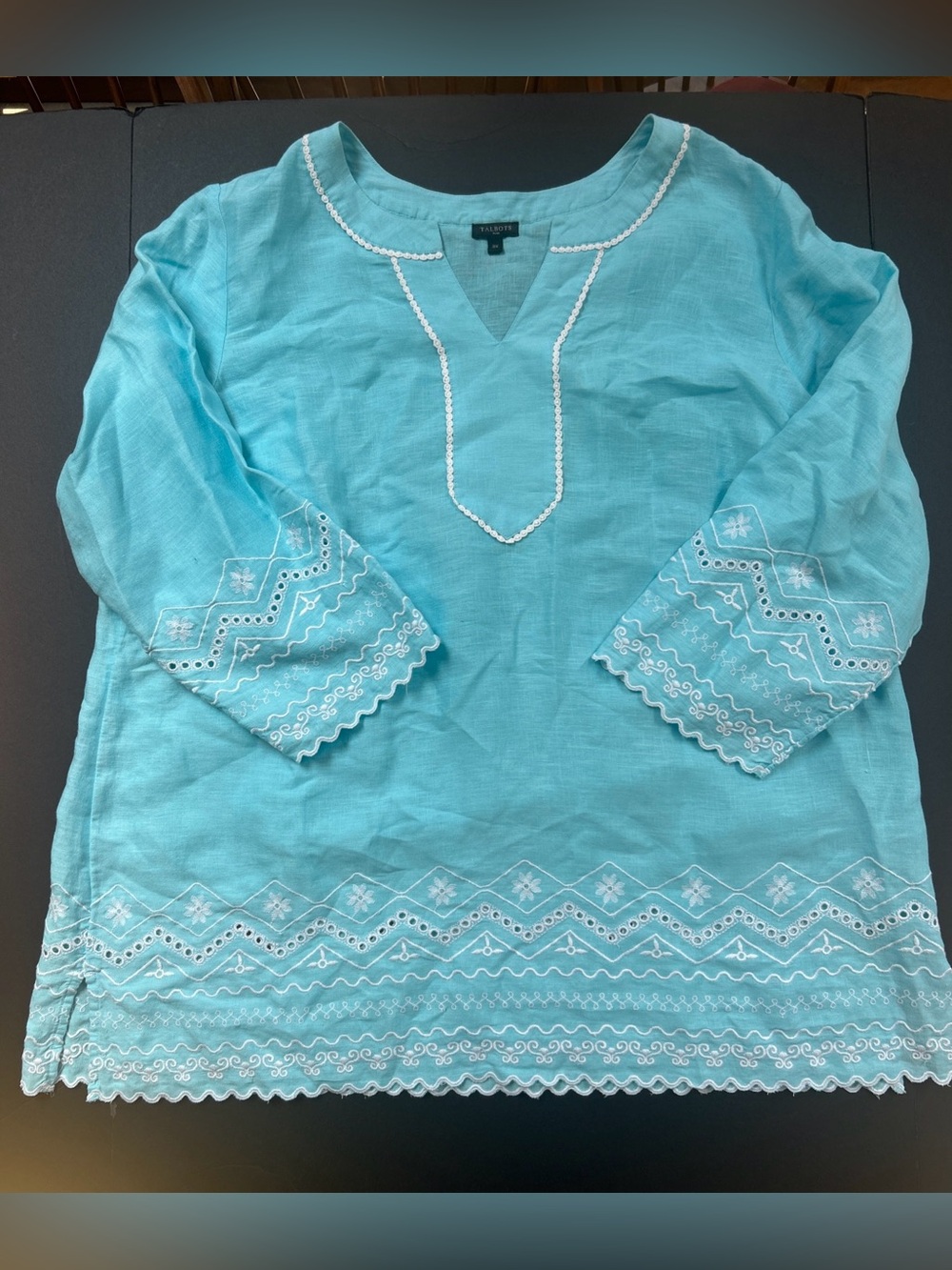 Talbots Women’s Blue Embroidered & Eyelet Tunic, 3/4 Sleeves Size 2X